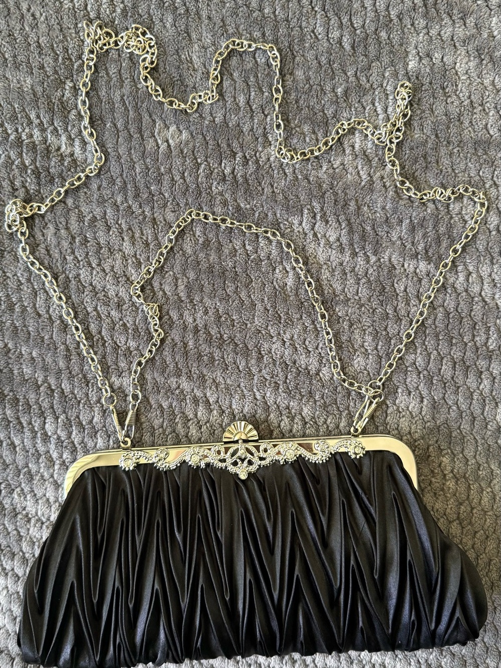 Black Ruched Evening Clutch with Silver Chain